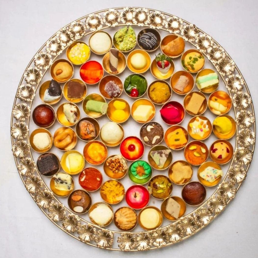 Gold Finish Metal Chappan Bhog Thali - Traditional Elegance for Worship and Home Décor (20" Diameter)