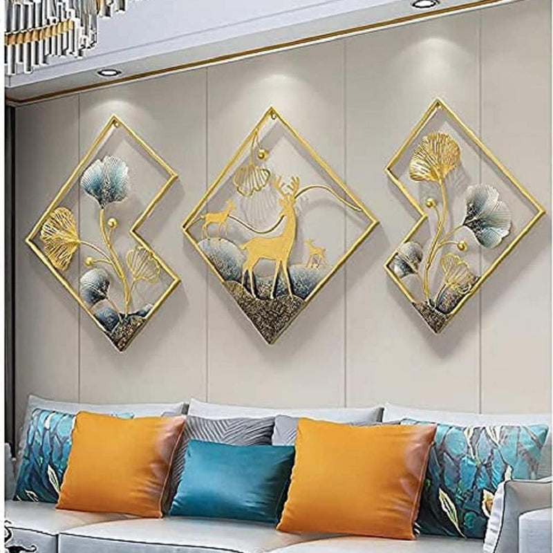 Modern Big Deer Frame Metal Wall Art for Living Room | Gold and Blue Ginkgo Leaves Metal Wall Decor for Bedroom (Set of 3 Pcs) (Size 48*21 Inches )