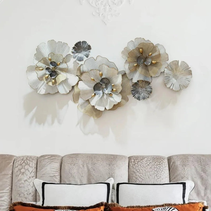 Celestial Metal Floral Wall Art: Handmade Blooming Flowers in Light Blueish Grey & Golden - Creative Wall Decor for Home and Office (48×24 Inches)