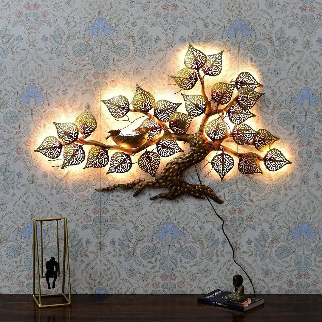 Metal Iron Bird Nest Tree Wall Art with LED Lights