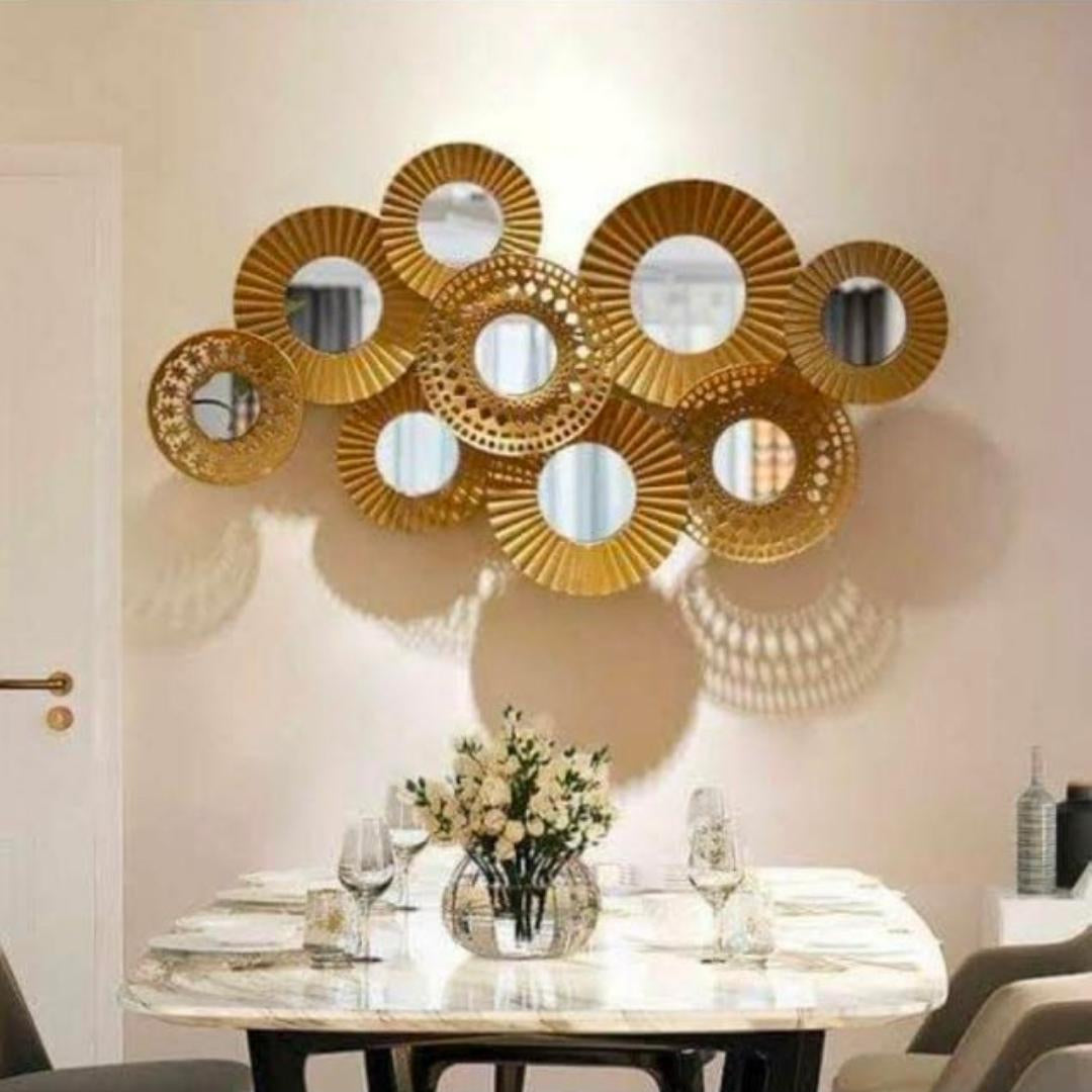 Round Mirrors with Broad Golden Metal Wall Decor (48×24 Inches)