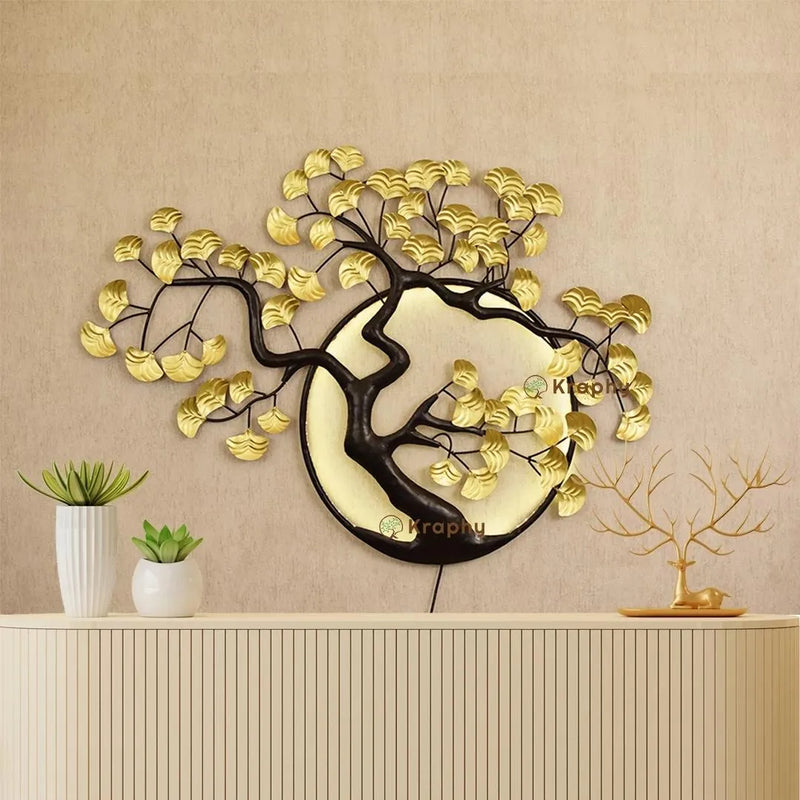 Designer Metal Wall Art: Big Tree Over Moon Metallic Ring with LED Lights - Handcrafted Abstract Sculpture