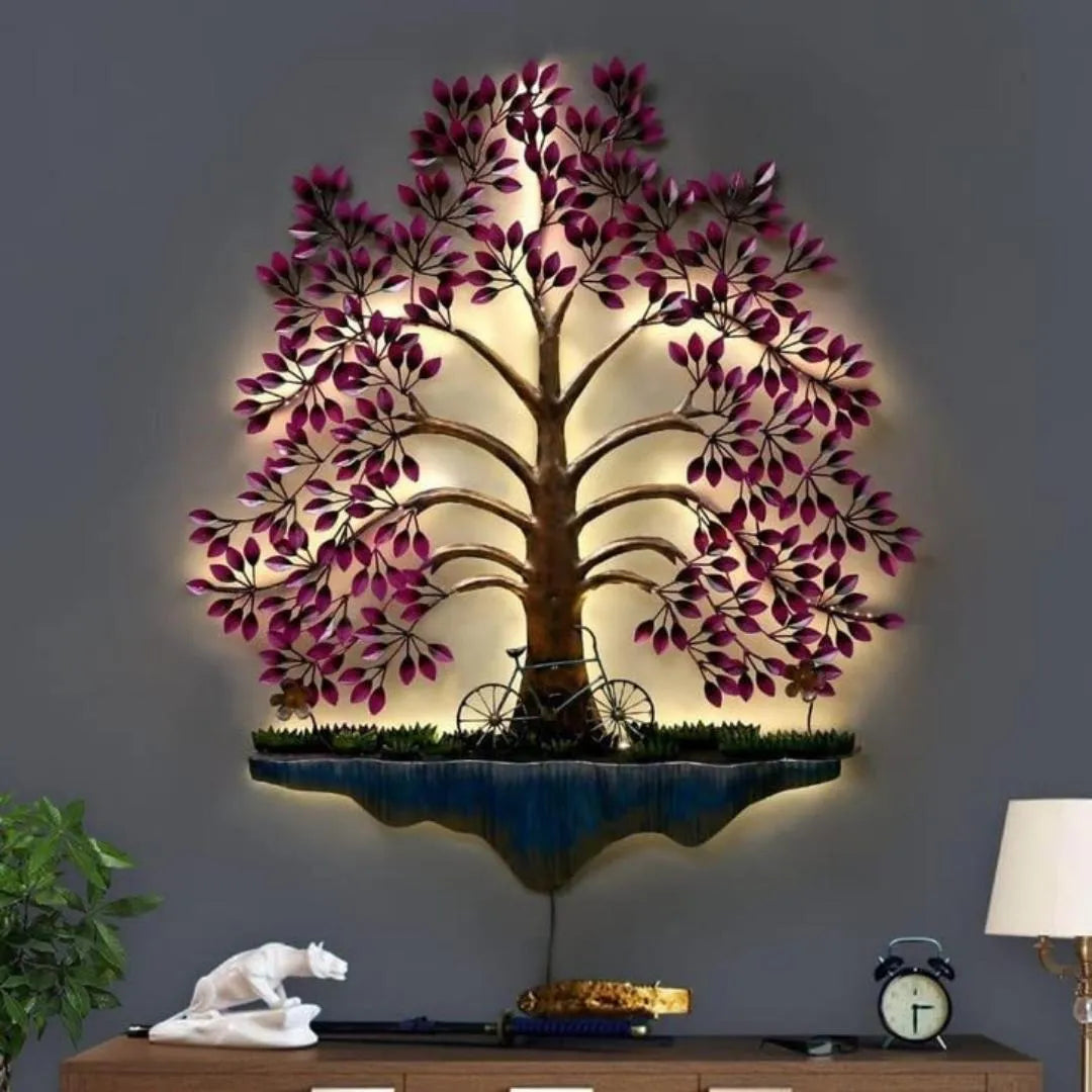 Metal Wall Art with Metallic Cycle Under Purple Leaves Tree  (36"×50")