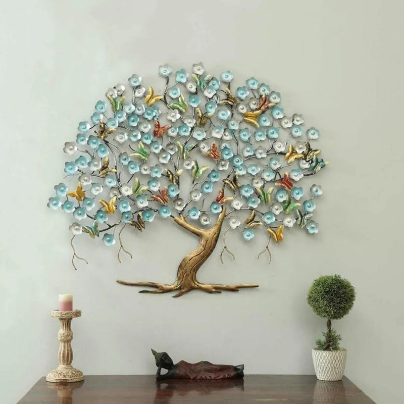 Metallic Multicolored Butterfly Tree in Sky Blue Flower Design (44"×37") - Metal Decor Item for Staircase, Wall