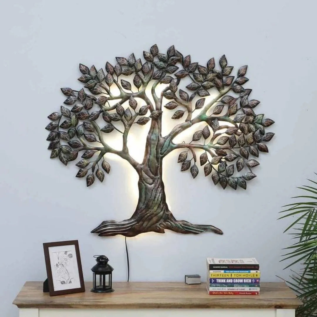 Handcrafted LED Metal Wall Art: Elegant Carved Dark Leaves Tree Sculpture - Illuminate Your Home Decor (Size-38×31 Inches)