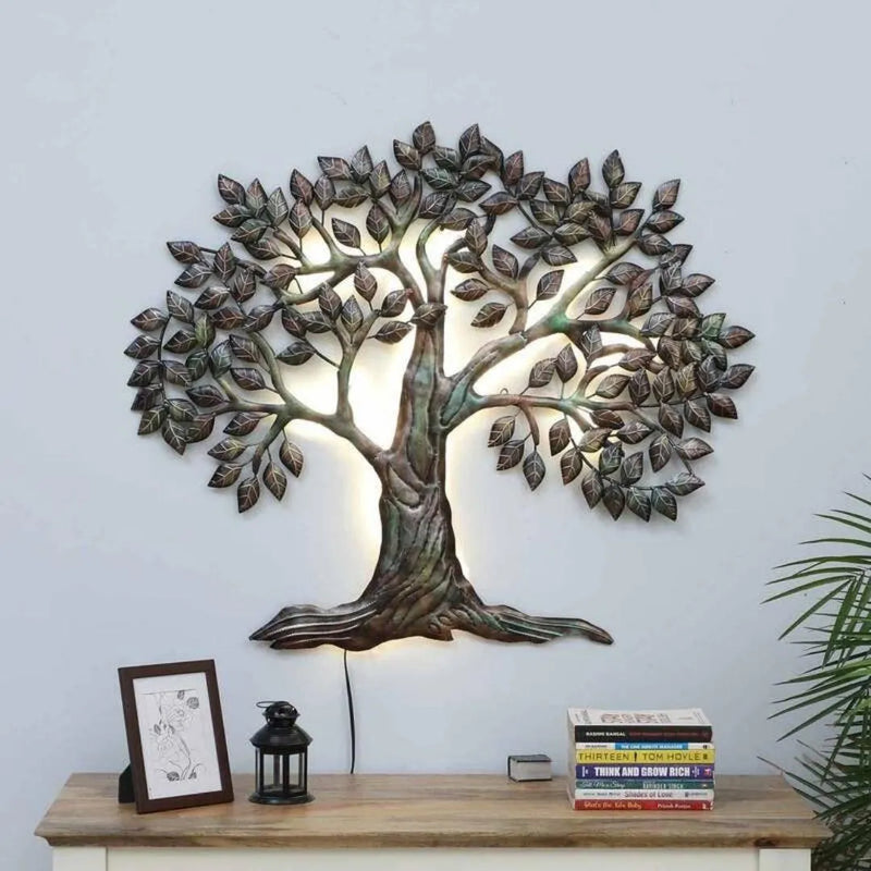 Dark Green Tree Metal Wall Art with LED (38×31 Inches)