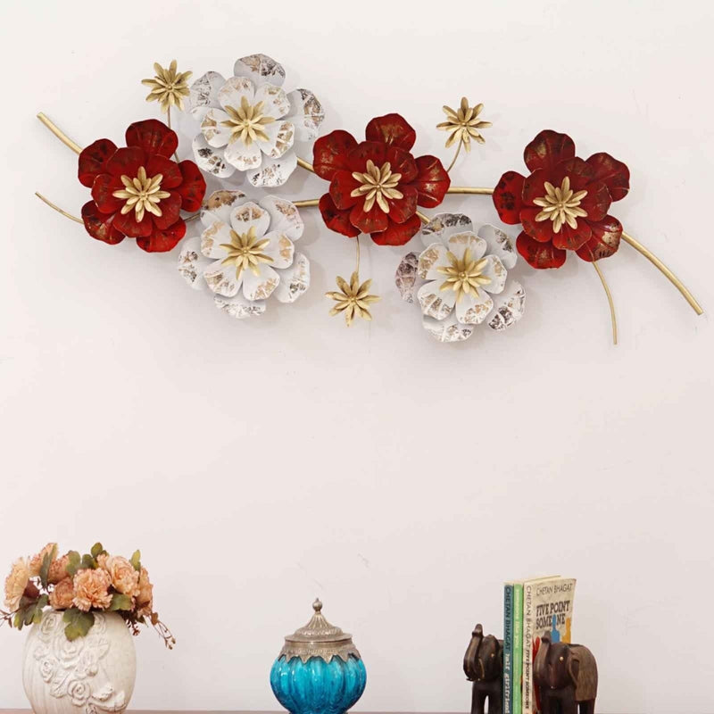 Stunning Red and White Floral Metal Wall Art (48×20 Inches)