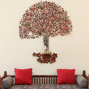 Large Reddish Leafy Tree Metal Wall Art with Buddha Idol