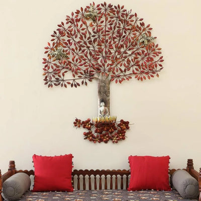 Large Reddish Leafy Tree Metal Wall Art with Buddha Idol