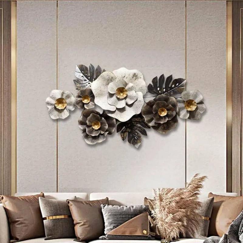 Minimalist White Grey Metallic Flower Wall Art: Large Metal Decor for Modern Interiors (Size-48×24 Inches)