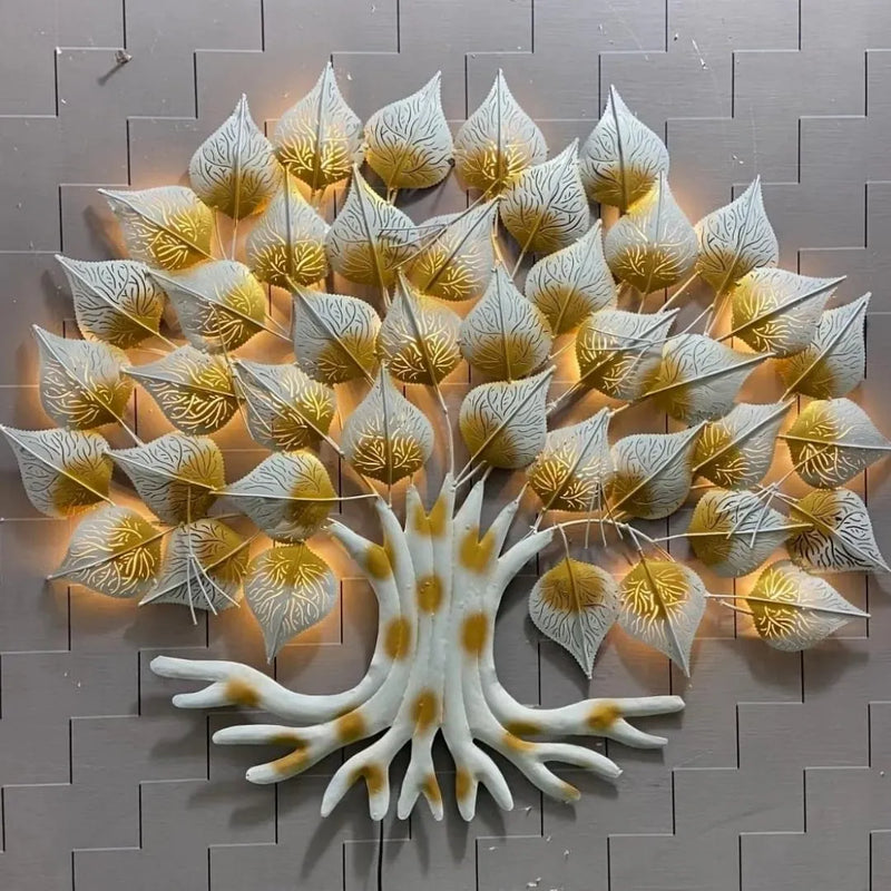 White Golden Leaf Tree Metal Wall Art with LED Lights (48"×48")