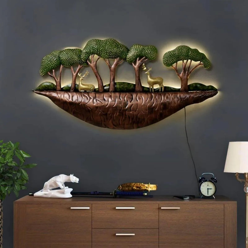 Handmade LED Metal Deer and Forest Wall Art (48×16 Inches)