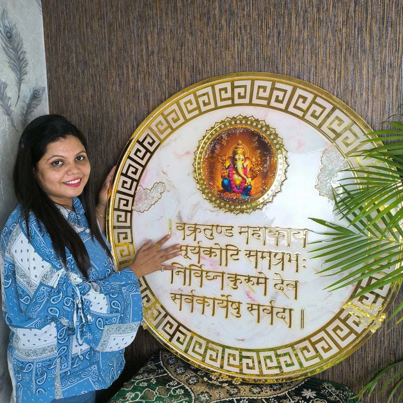 Resin Ganesha Mantra Frame with LED Lights White Marble Texture and Golden Design for Pooja Room