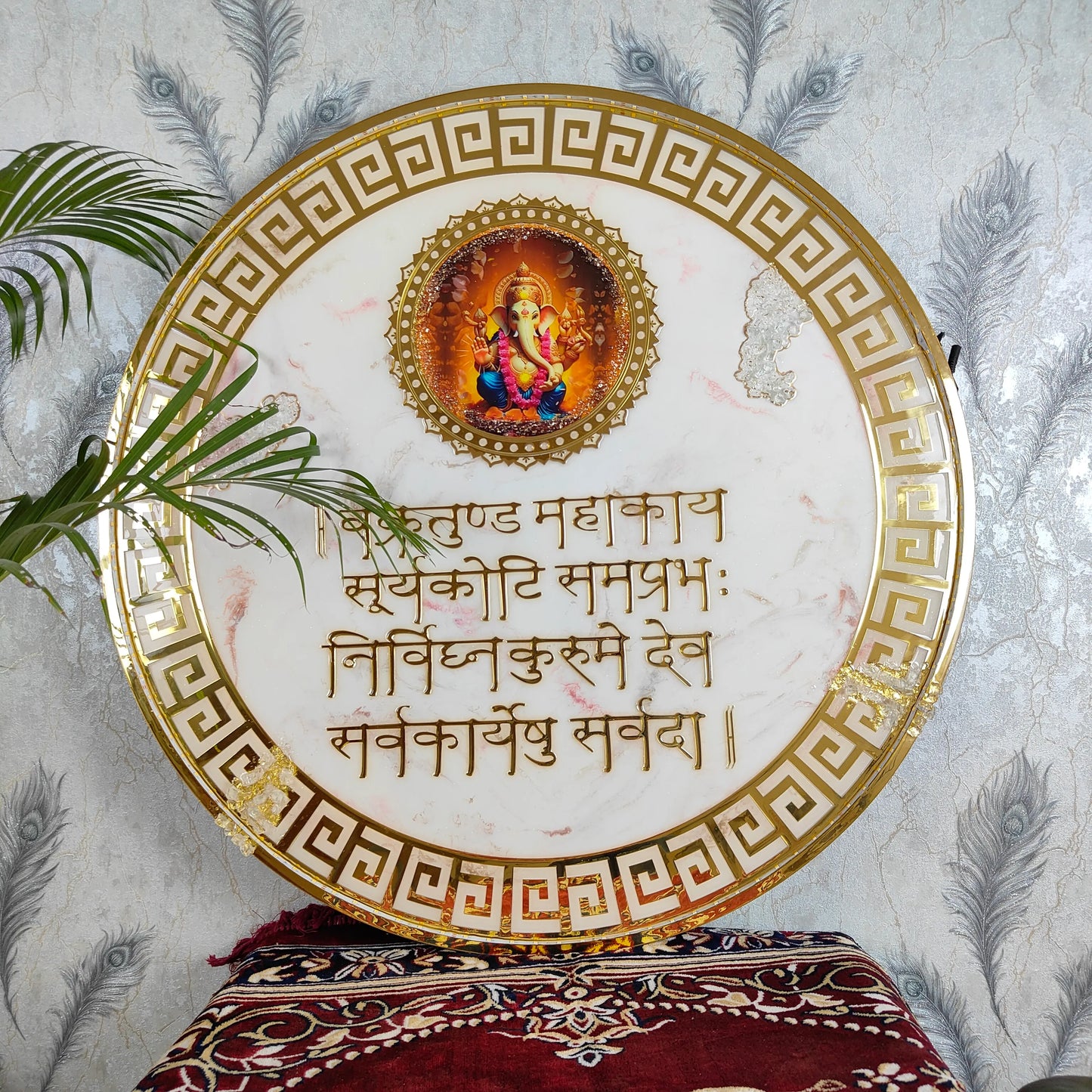 Resin Ganesha Mantra Frame with LED Lights White Marble Texture and Golden Design for Pooja Room