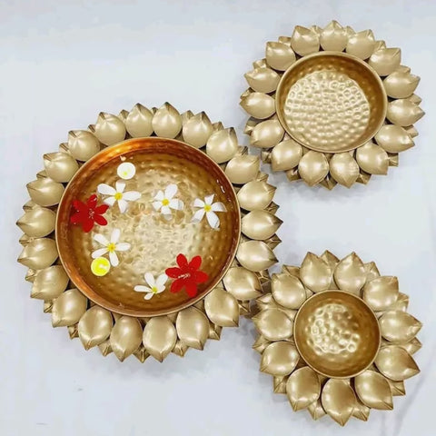 Lotus Design Urli Candle Holders Golden Tealight and Floating Candle Bowls for Festival Decor Set of 3 ( Diameter: 12/14/16 inches)