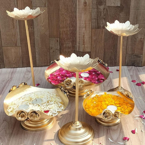 Lovely Rose Urli Bowl Set with 3 Stands for Floating Flower, Festive Decor Set of 6 (Golden)