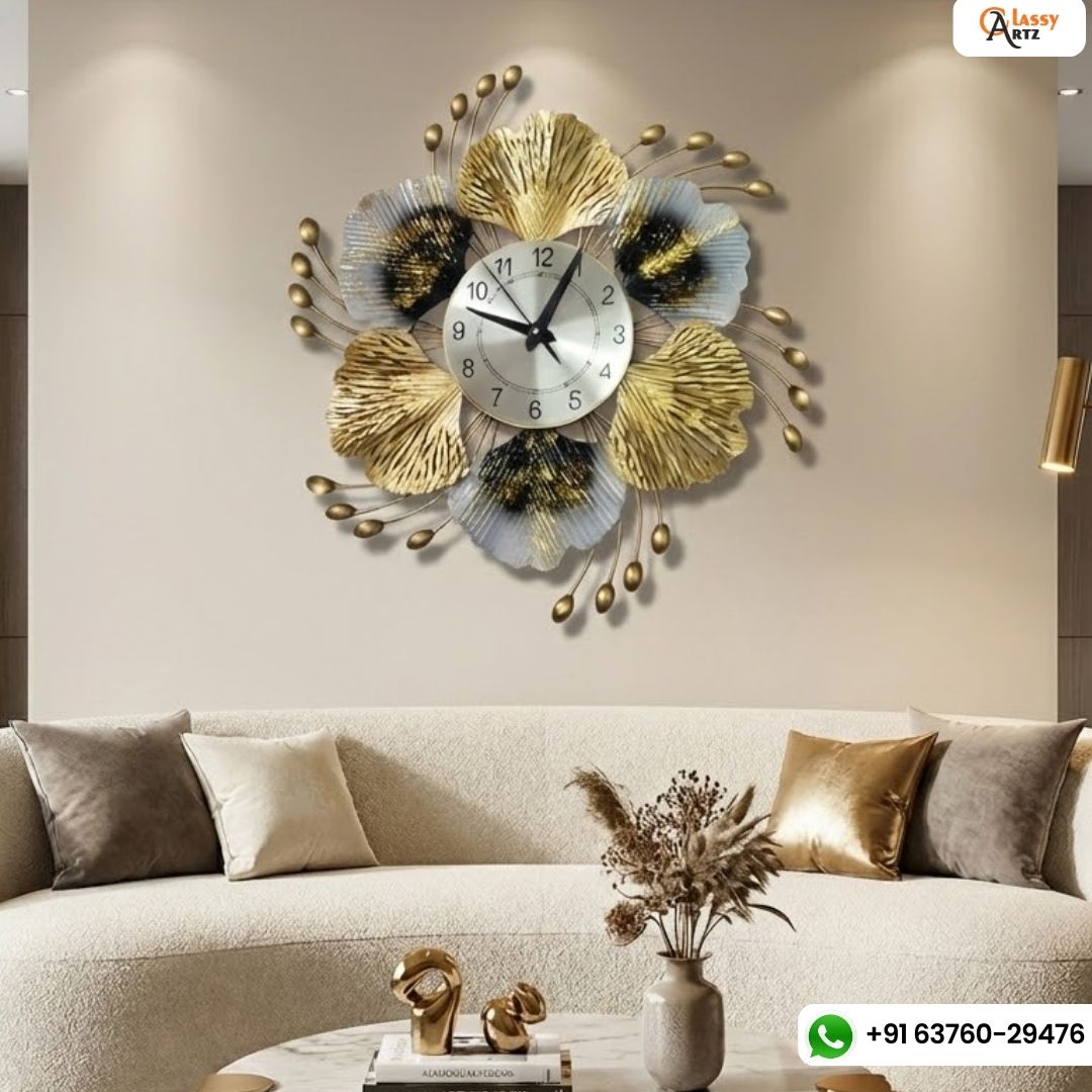Luxurious Metal Flower Leafs Pattern Wall Clock