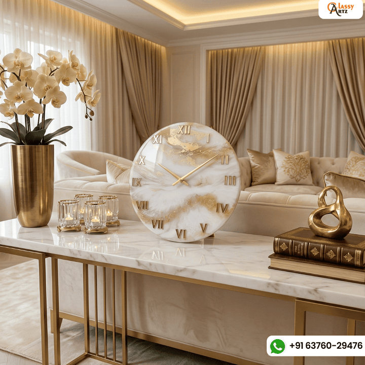 Luxury round resin wall clock with white pigment marble veins and hand-poured gold pigment waves