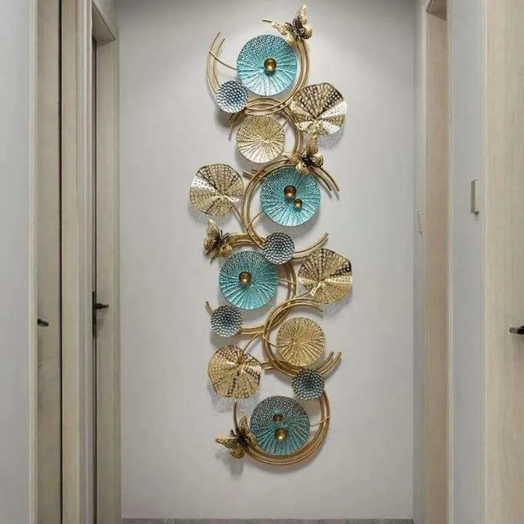 Luxury Blue & Gold Round Metal Wall Art (52×22 Inches)