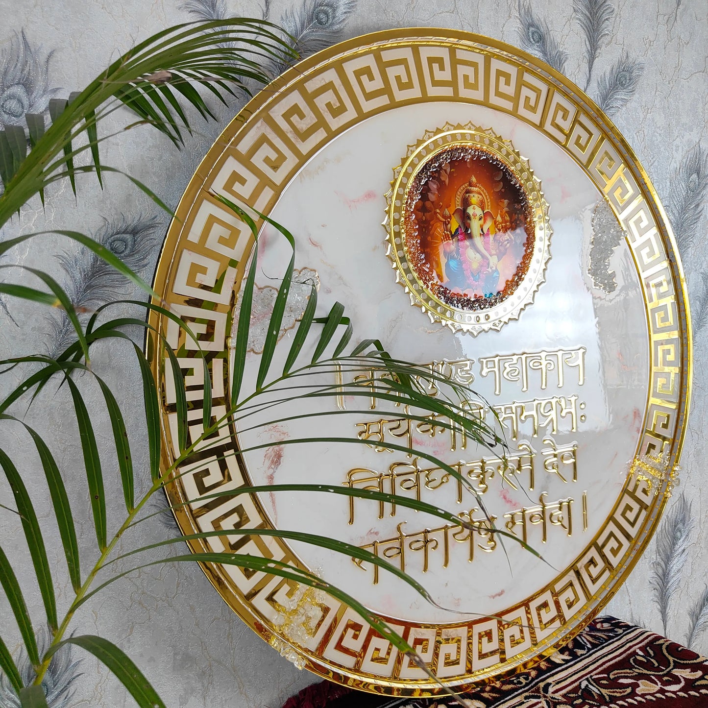 Resin Ganesha Mantra Frame with LED Lights White Marble Texture and Golden Design for Pooja Room