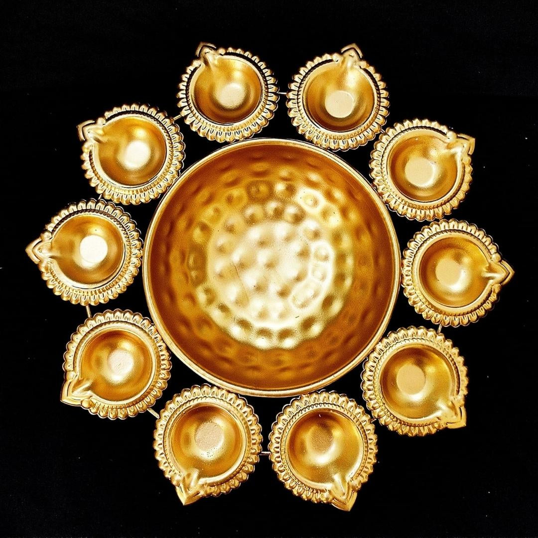 Metal Decorative Urli Bowl for Diwali Festive Round Diya Shape Candles Bowl for Festival Decor Set of 2 (Golden, Diameter: 12 inches)