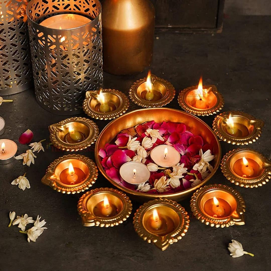 Metal Decorative Urli Bowl for Diwali Festive Round Diya Shape Candles Bowl for Festival Decor Set of 2 (Golden, Diameter: 12 inches)