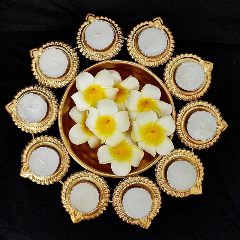 Metal Decorative Urli Bowl for Diwali Festive Round Diya Shape Candles Bowl for Festival Decor Set of 5 (Golden, Diameter: 12 inches)