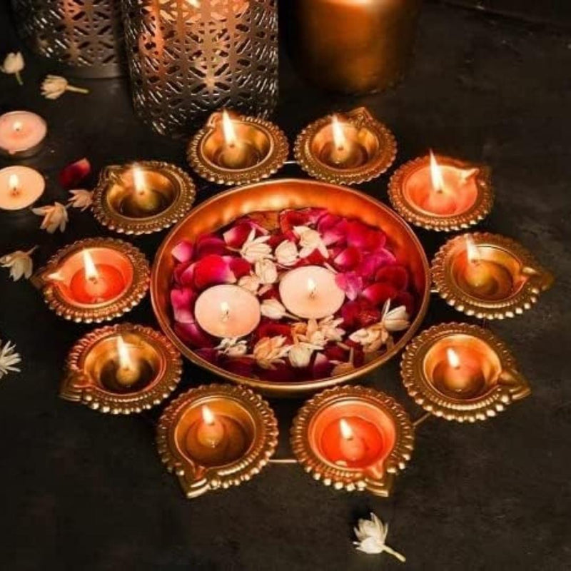 Metal Decorative Urli Bowl for Diwali Festive Round Diya Shape Candles Bowl for Festival Decor Set of 5 (Golden, Diameter: 12 inches)