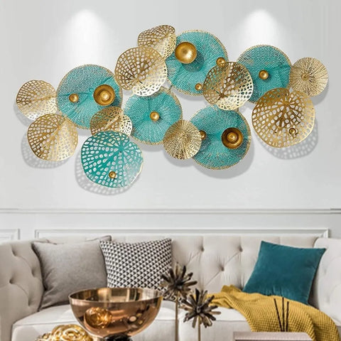 Three-Dimensional Blue & Golden Flowers Metal Wall Art 60×30 Inches)