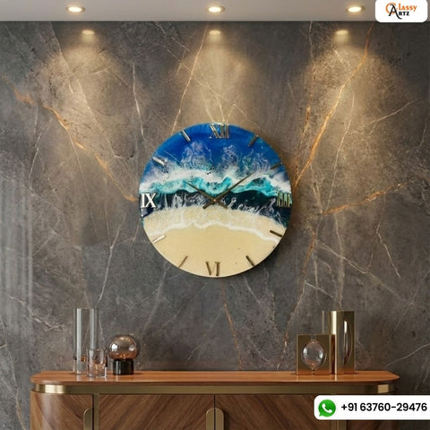 Modern Epoxy Resin Art Wall Clock with Blue Colour & Occean Texture 18inch round Wall Clock