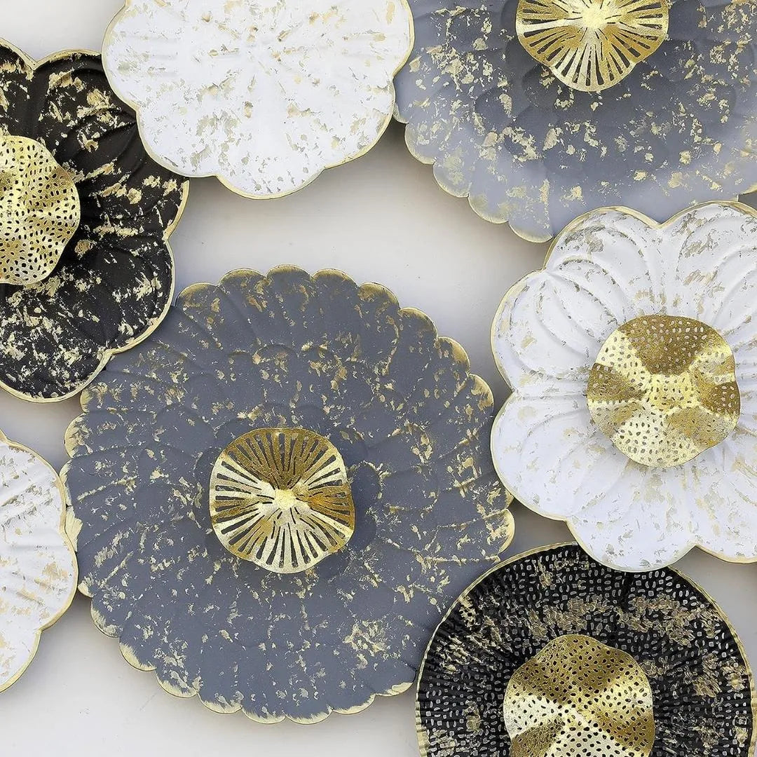 Golden & Grey Floral Circles Metal Wall Art (60×30 Inches)