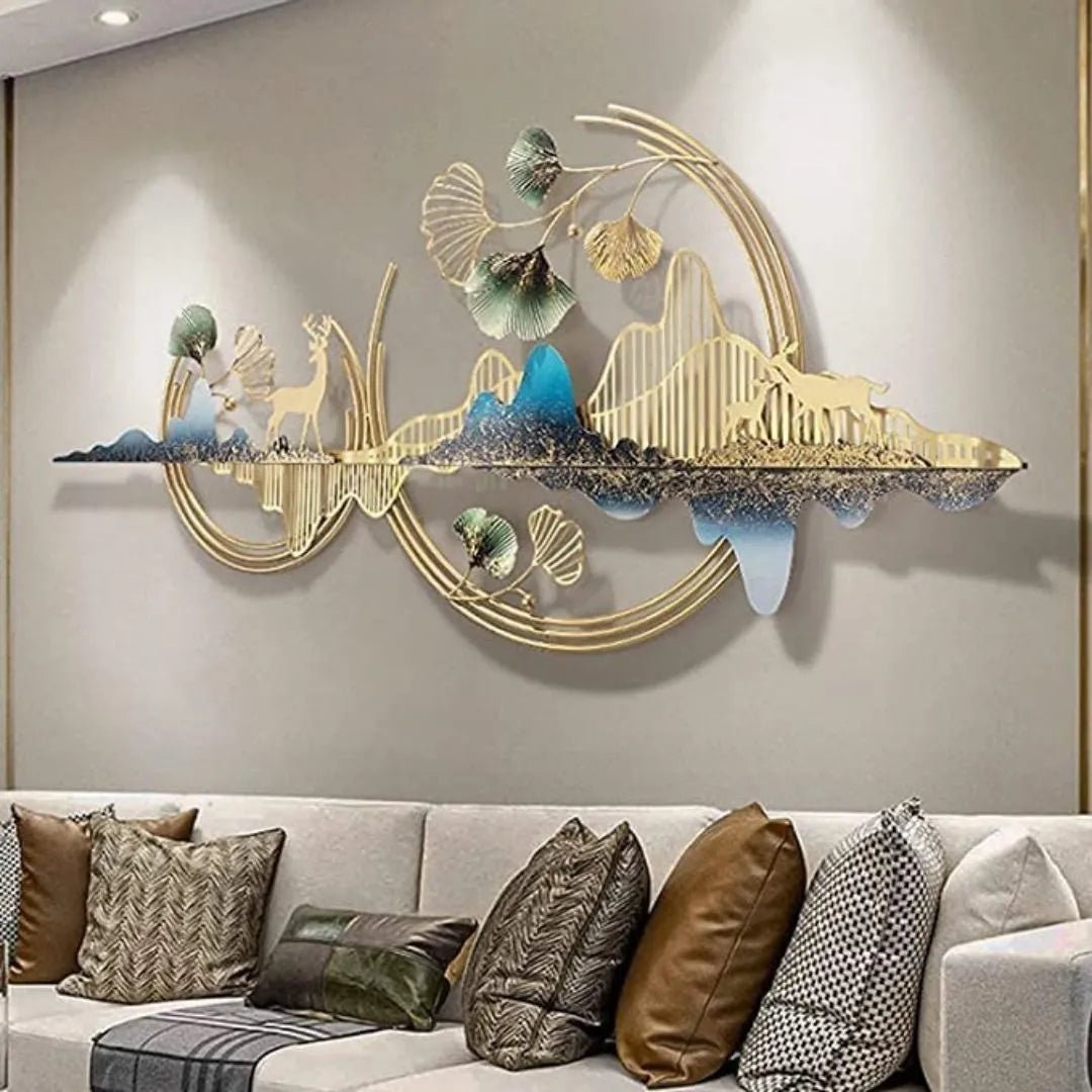 Handmade Double Moon Design Metal Wall Art with Mountain & Deer (52×24 Inches)