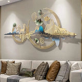 Handmade Double Moon Design Metal Wall Art with Mountain & Deer (52×24 Inches)