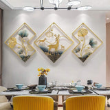 Modern Big Deer Frame Metal Wall Art for Living Room | Gold and Blue Ginkgo Leaves Metal Wall Decor for Bedroom (Set of 3 Pcs) (Size 48*21 Inches )