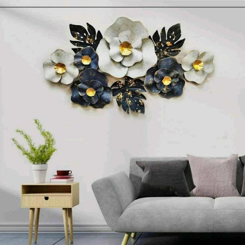 Minimalist White Grey Metallic Flower Wall Art: Large Metal Decor for Modern Interiors (Size-48×24 Inches)