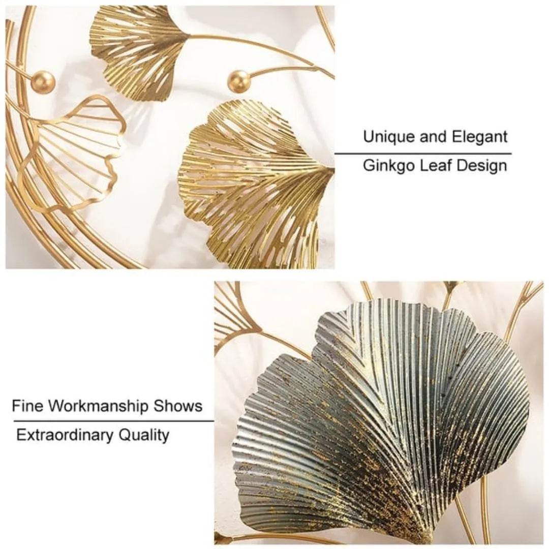 Designer Metal Wall Art: Handcrafted Golden Double Moon Ginkgo Leaf Sculpture - Multicolor Abstract Elegance (Size-48×24 Inches)