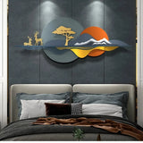 Sunset Mountain & Deer Metal Wall Art (52×24 Inches)