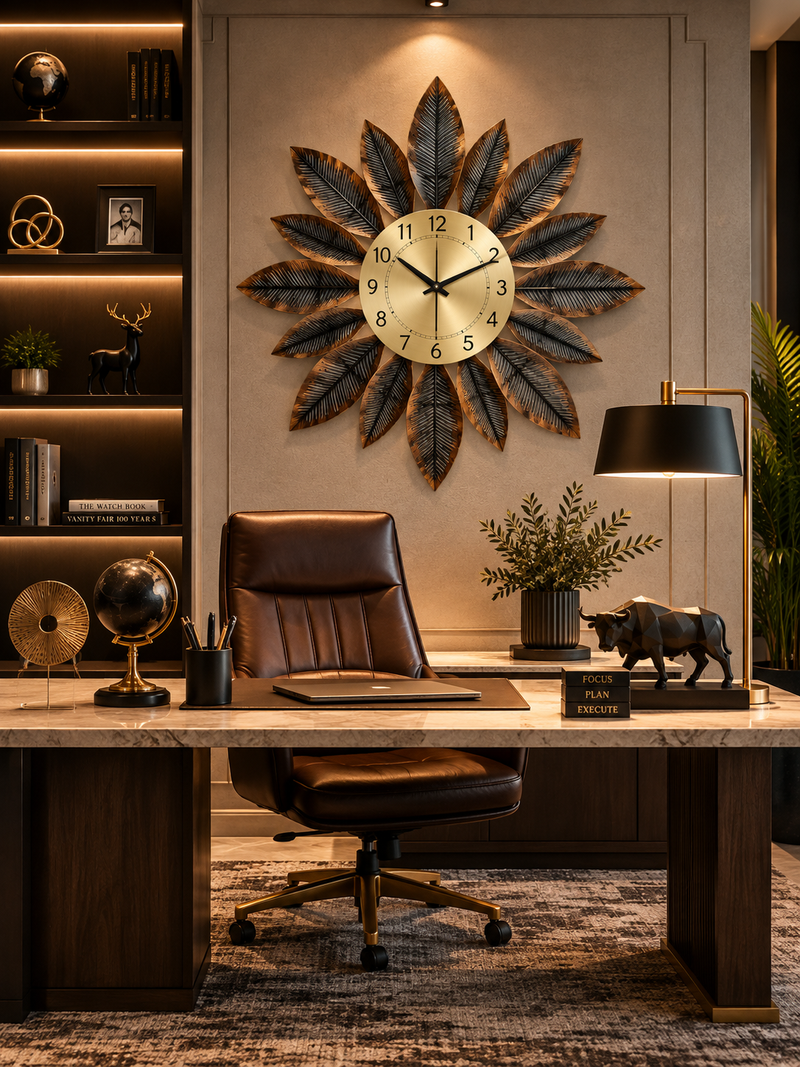 An office cabin with art behind the desk