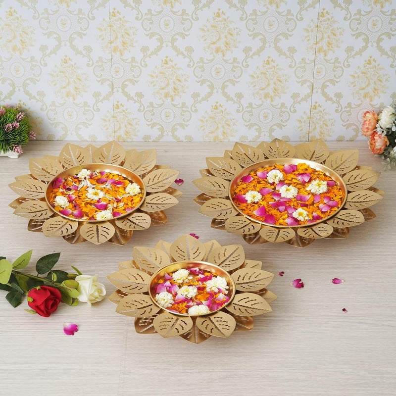 Premium Gold Finish Flower Design Decorative Urli Bowl for Home Floating Flowers Leaf Shape Urli Bowl for Home Decor, Diwali Decoration ( Diameter: 12 inches)