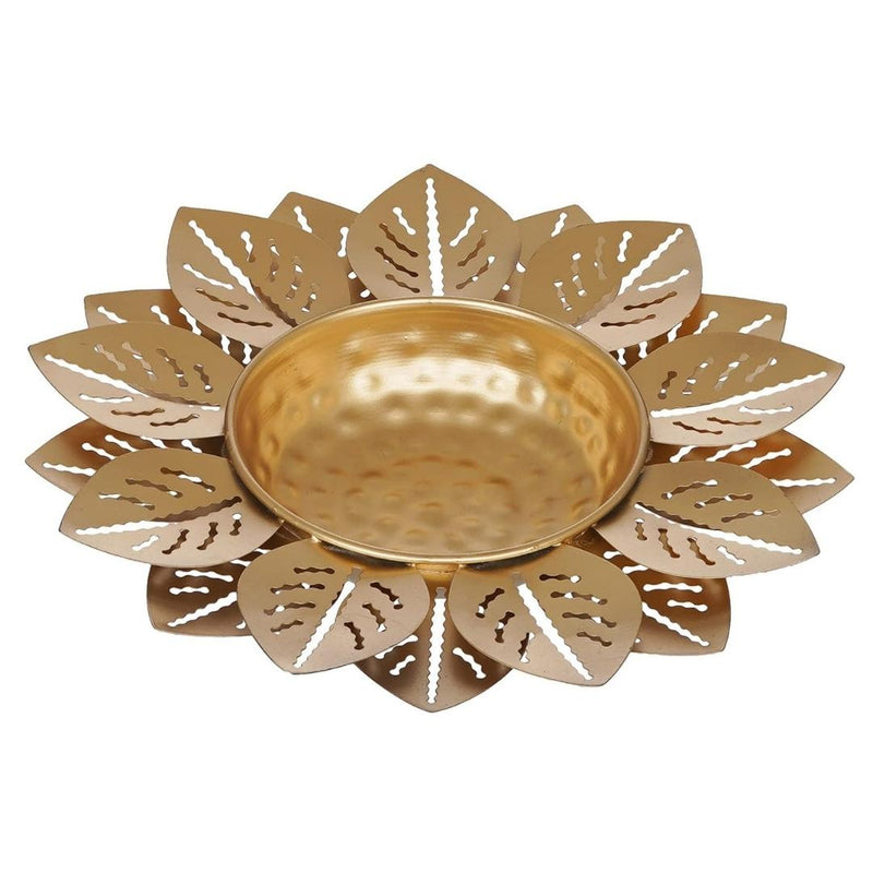 Premium Gold Finish Flower Design Decorative Urli Bowl for Home Floating Flowers Leaf Shape Urli Bowl for Home Decor, Diwali Decoration ( Diameter: 12 inches)