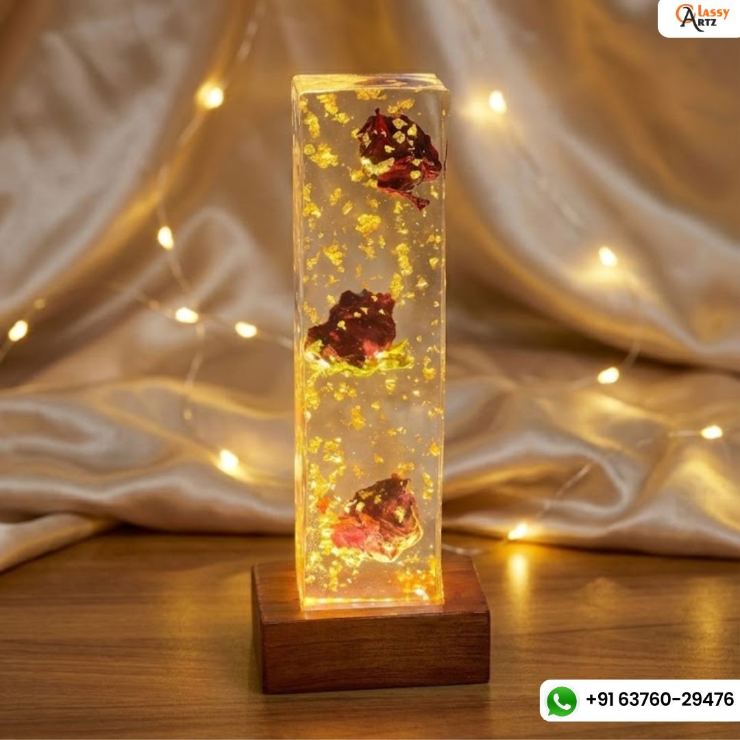 Rectangular Crystal Clear Resin LED Block with Single Rose Preservation