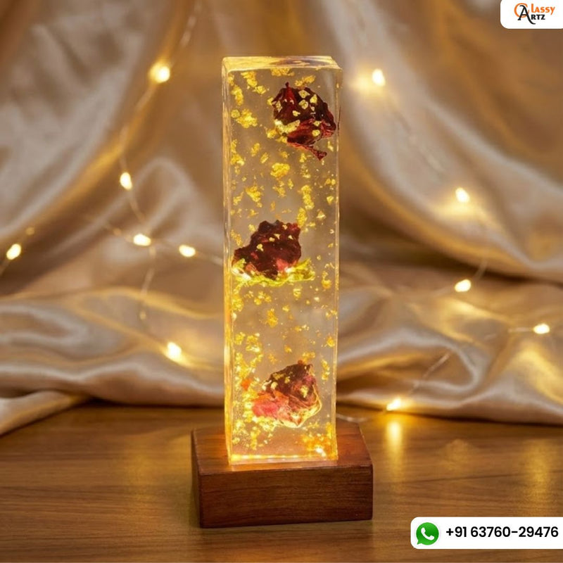 Rectangular Crystal Clear Resin LED Block with Single Rose Preservation