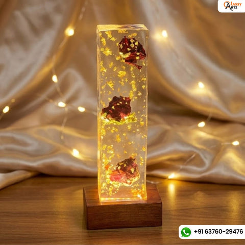 Rectangular Crystal Clear Resin LED Block with Single Rose Preservation