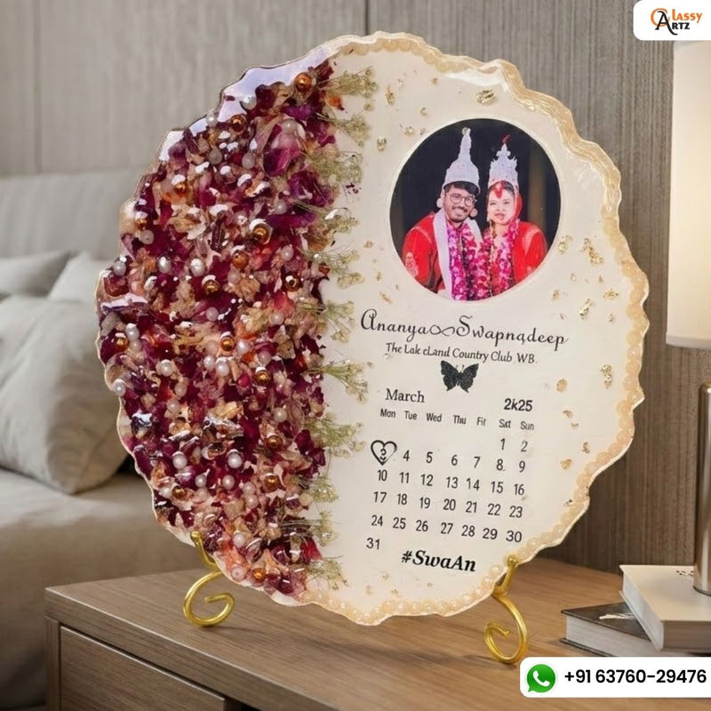 Resin 10 inch Round curve shape with name date & photo & metal stand  with calendar  Varmala Preservation
