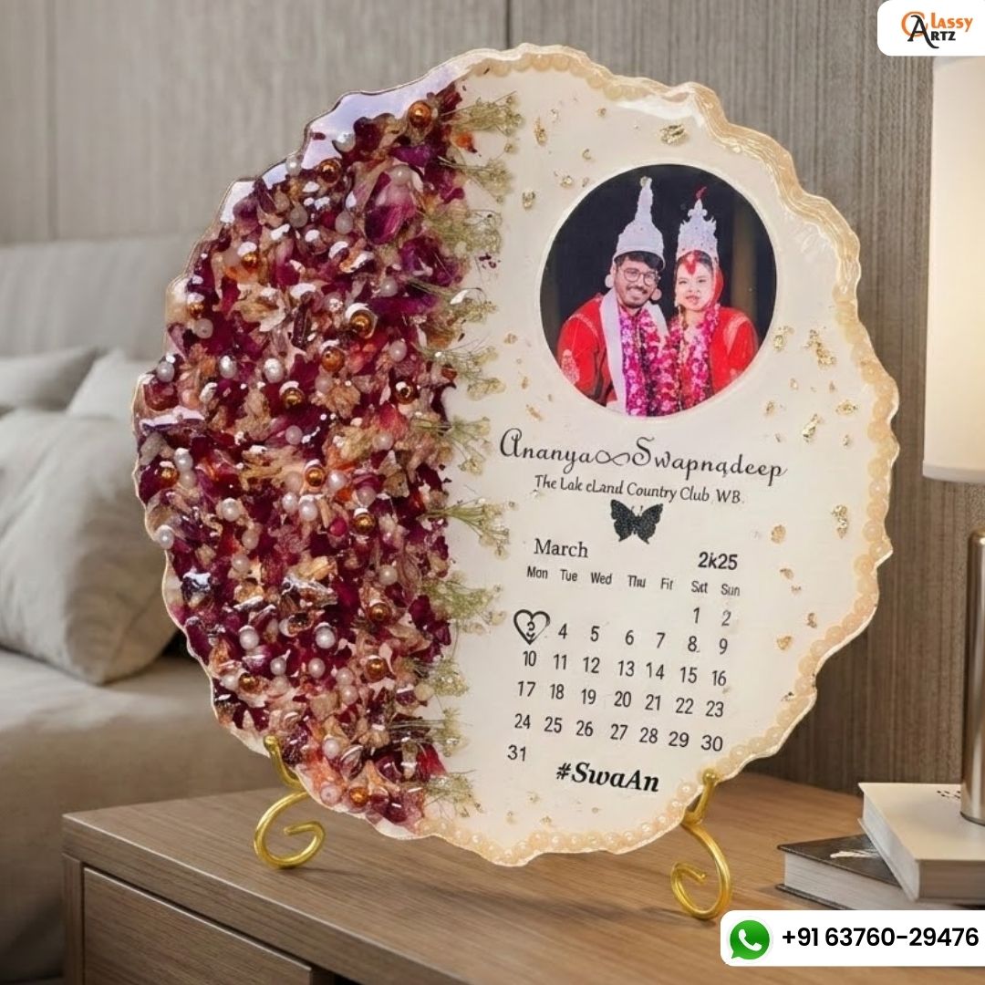 Resin 10 inch Round curve shape with name date & photo & metal stand  with calendar  Varmala Preservation