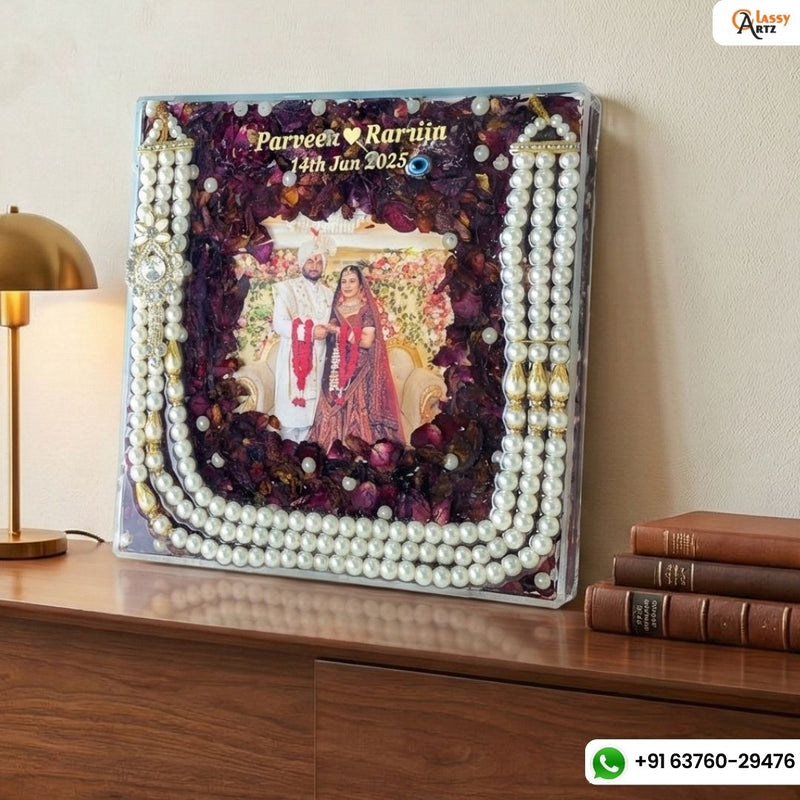 Resin 10 inch acrylic sqaure frame with photo name date , kantha  Couple name & Date with photo Varmala Preservation
