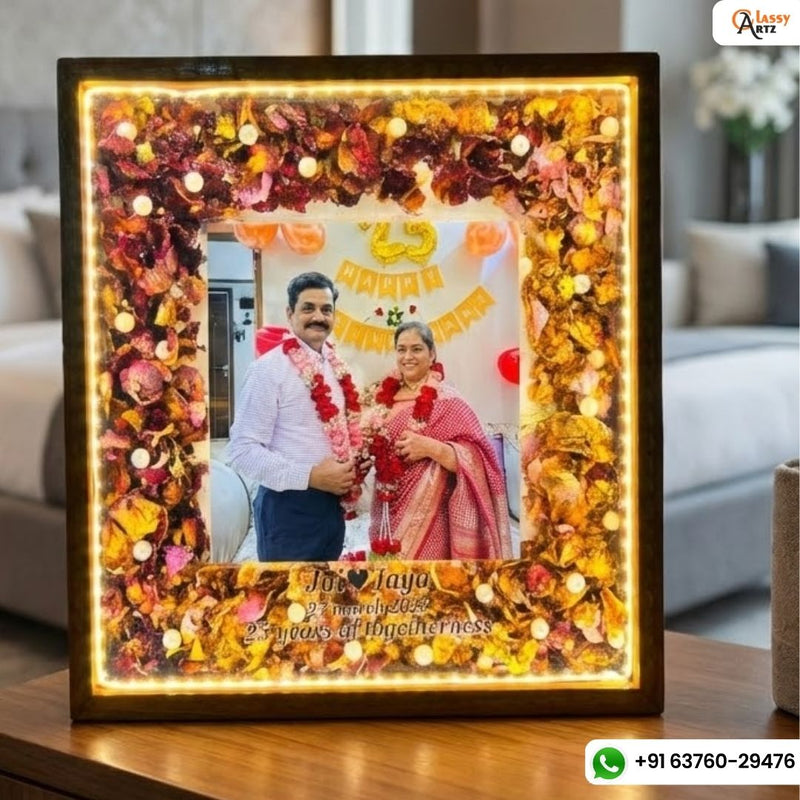 Resin 10 inch square wooden frame with led light connection one photo, flower name date and with 25th anniversary Varmala Preservation