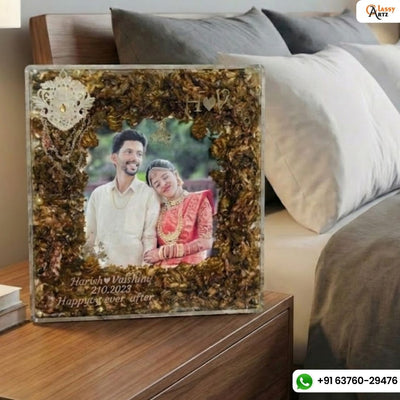 Resin 10inch Acrallic Frame with Flowers Petals & Pearls with Couple Photo Frame with Name & Date Varmala Preservation