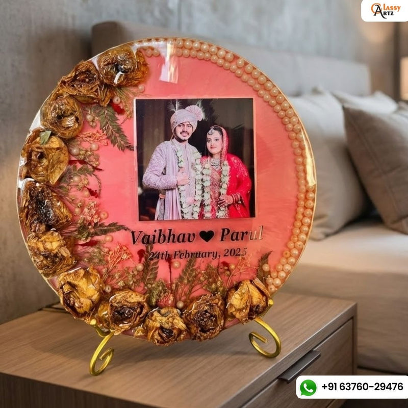 Resin 10inch round 3D flowers with couple Photo & Name Date with Pearls border Varmala Preservation