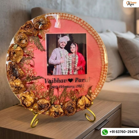 Resin 10inch round 3D flowers with couple Photo & Name Date with Pearls border Varmala Preservation